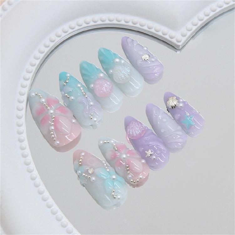 Instants Glamours 24 шт. Набор накладных ногтей с 3D-ракушками, стразами, рисунками, градиентным, голографическим покрытием, многоразовые, нажимные, разных размеров