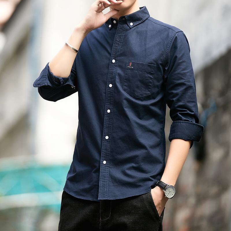 Мужская рубашка из чистого хлопка с длинным рукавом, новая осенняя однотонная мужская рубашка из ткани Оксфорд, повседневная деловая хлопковая рубашка для мужчин