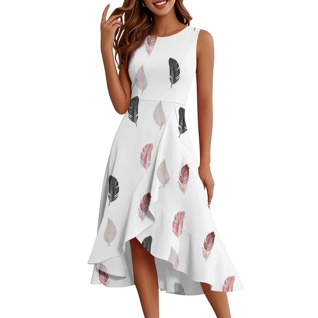 Женские модные повседневные платья без рукавов с круглым вырезом и принтом, элегантные, темпераментные, с оборками