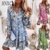 Women Fashion Bohemian Floral Print V Neck Mini Dresses Casual Loose Elegant Ladies Beach Party Flare Sleeve Dress