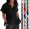 Women's Fashion Short Sleeve V-Neck Solid Colour Loose Casual Shirt Cotton Blouse