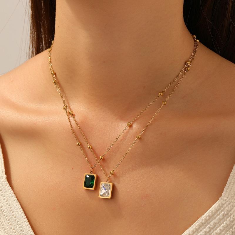 Gold Plated Emerald Square Pendant Necklace, Stainless Steel Station Chain Choker, Waterproof Green Gem Jewelry for Women Gift