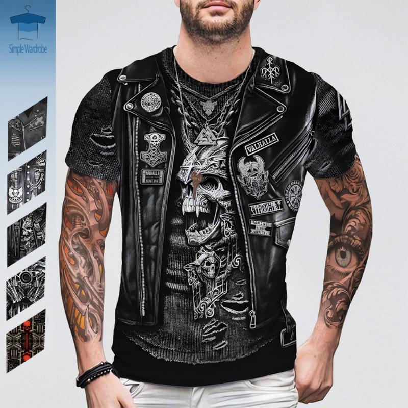 Джинсовая куртка с 3D-принтом, футболки для мужчин, свободная одежда с коротким рукавом, кожаная печать, круглый вырез, винтажная летняя байкерская куртка