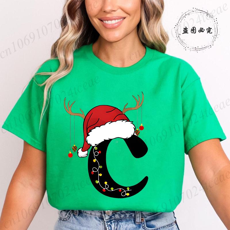 Fashion Merry Christmas Gift for Female Clothing Christmas 26 Alphabet Print TShirt for Women Casual Xmas Tees Short Sleeve Top