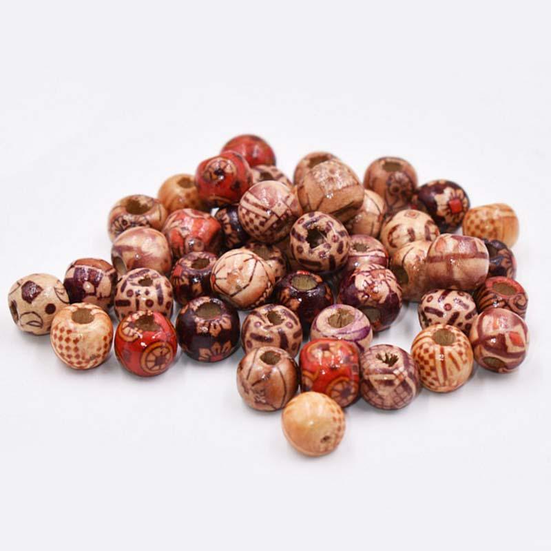 Творческий смешанный узор для изготовления ювелирных изделий, нанизывание большого отверстия, 100 шт., 9*10 мм, этнические круглые деревянные бусины, своими руками