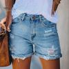 Summer Women Shorts Ripped High Waisy Zipper Button Closure Multi Pockets Folded Hem Streetwear Solid Color Slim Fit Denim Shorts