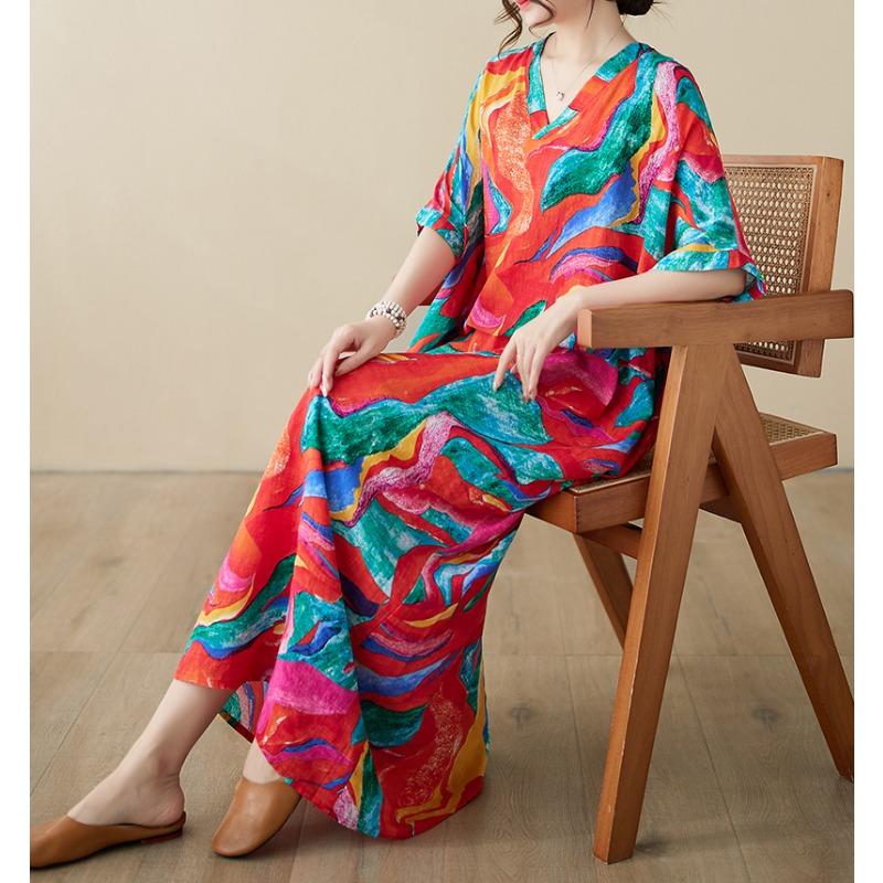 DIMANAF Women 2024 Plus Size Spring Summer Oversize Style Dress Beach Elegant Floral Long Dress Oversize Basic Loose Dress Plus Size