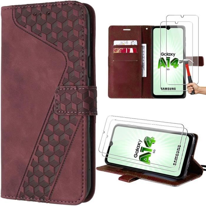 Coque de protection - BOOLING - pour Samsung Galaxy A14 5G - Rouge - Cuir PU - Motif géométrique - Multi-positions