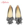 Fashion Aphixta Elegant Square Heels Patent Leather Official Pumps Women Bling Sequins Butterfly-knot Pointed Toe Dress Shoes Woman