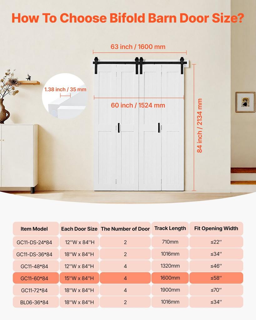 Bifold Barn Door, 1524 x 2134 mm, MDF Bi-Fold Sliding Closet Doors, Hardware Kit Included, H-Frame Space-Saving Design, Pre-Assembled Panels for