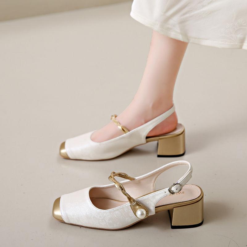 Новый китайский стиль, национальный стиль, сандалии баотоу, женские туфли Мэри Джейн на среднем каблуке, летний темперамент, толстый каблук, высокий каблук, одинарные туфли