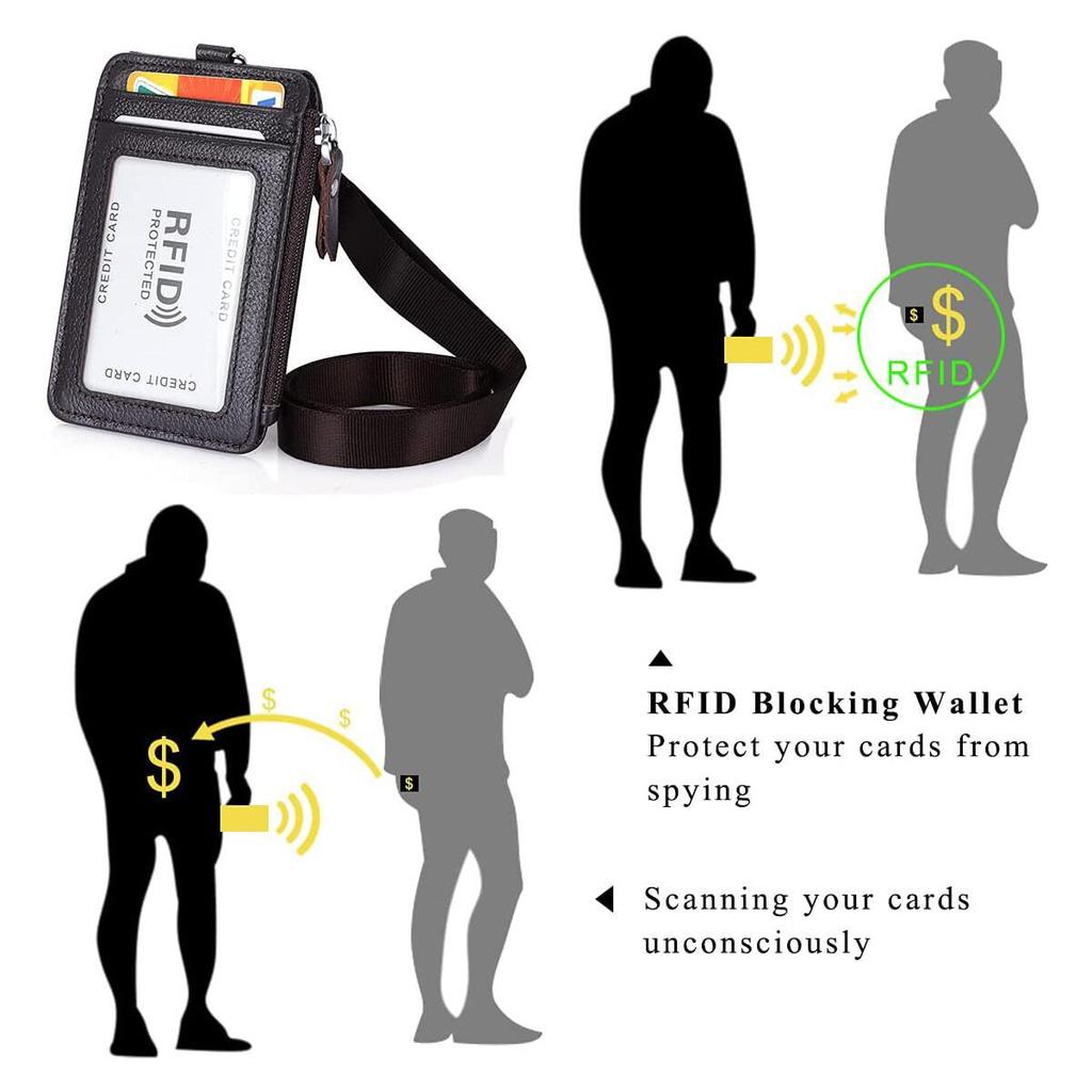 Genuine Leather ID Holder with Zipper RFID Keychain Wallet Neck Lanyards with Swivel Hook for Card/Coin/Cash Black Card Holder