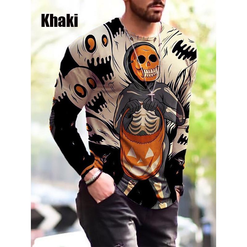 Spring and Autumn Round Neck 3D Halloween Funny Pattern Printed Top Fashionable Casual Long Sleeved Men's T-shirts