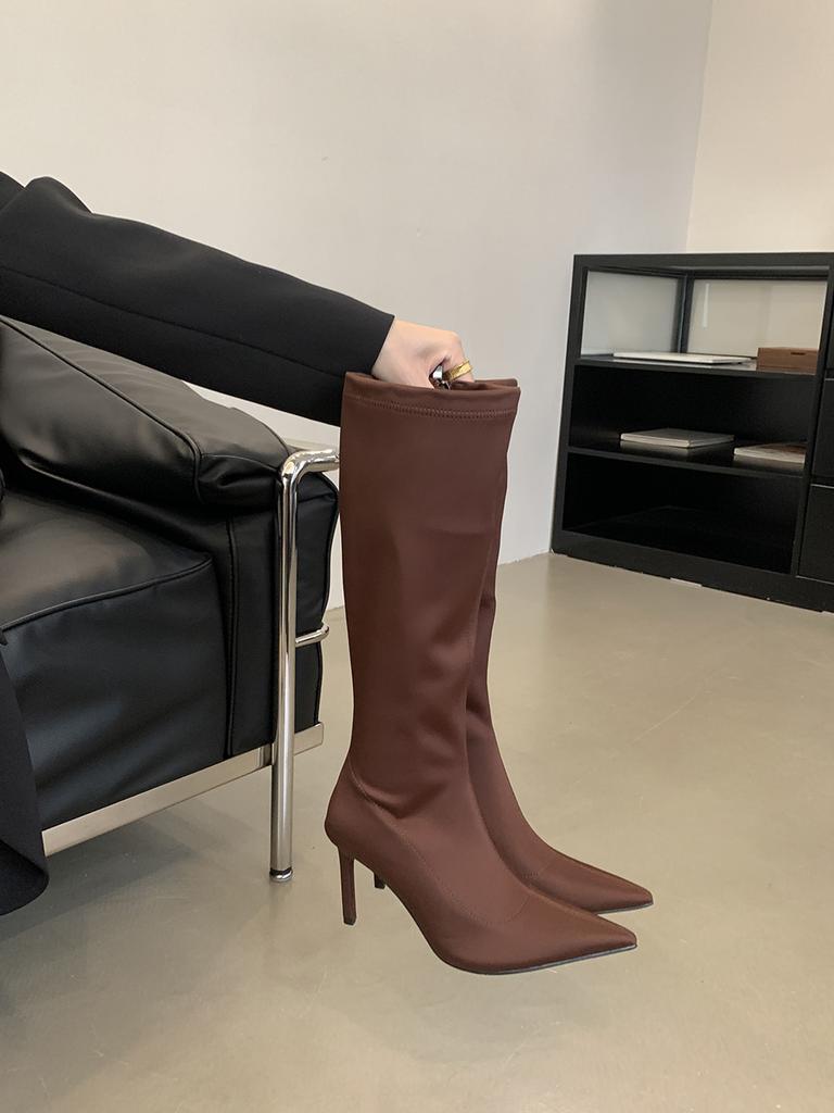 Мода Черный Фиолетовый Коричневый Женские Сапоги До Колена Челси Ботас Тонкие Высокие Каблуки Боковая Молния Вечеринка Туфли-лодочки Зимние Сапоги Женские Гладиаторы