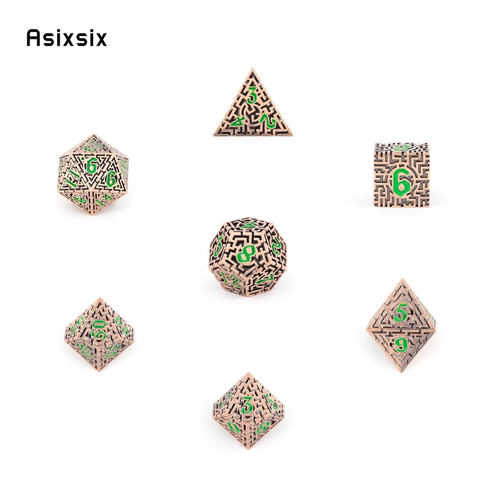 7 шт. медно-зеленые металлические кубики-лабиринт, набор твердых металлических многогранных кубиков, подходящий для ролевой игры, настольной игры, карточной игры