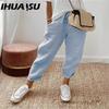 Ladies Cotton Linen Pocket Elastic Casual Pants for Women