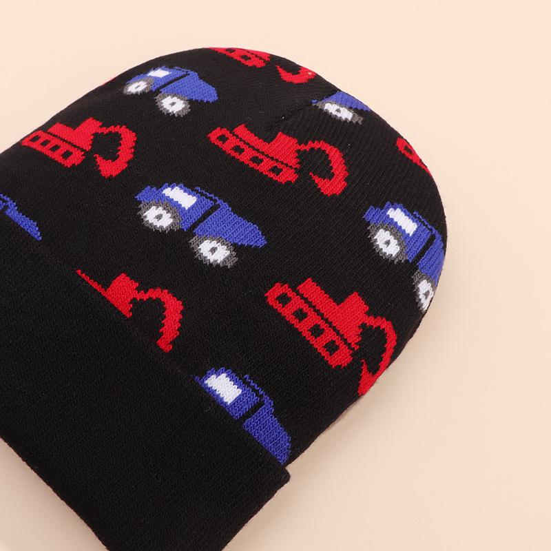 Детская осенне-зимняя вязаная шапка-бини с рисунком экскаватора - Теплая, ветрозащитная шерстяная шапка для мальчиков и девочек
