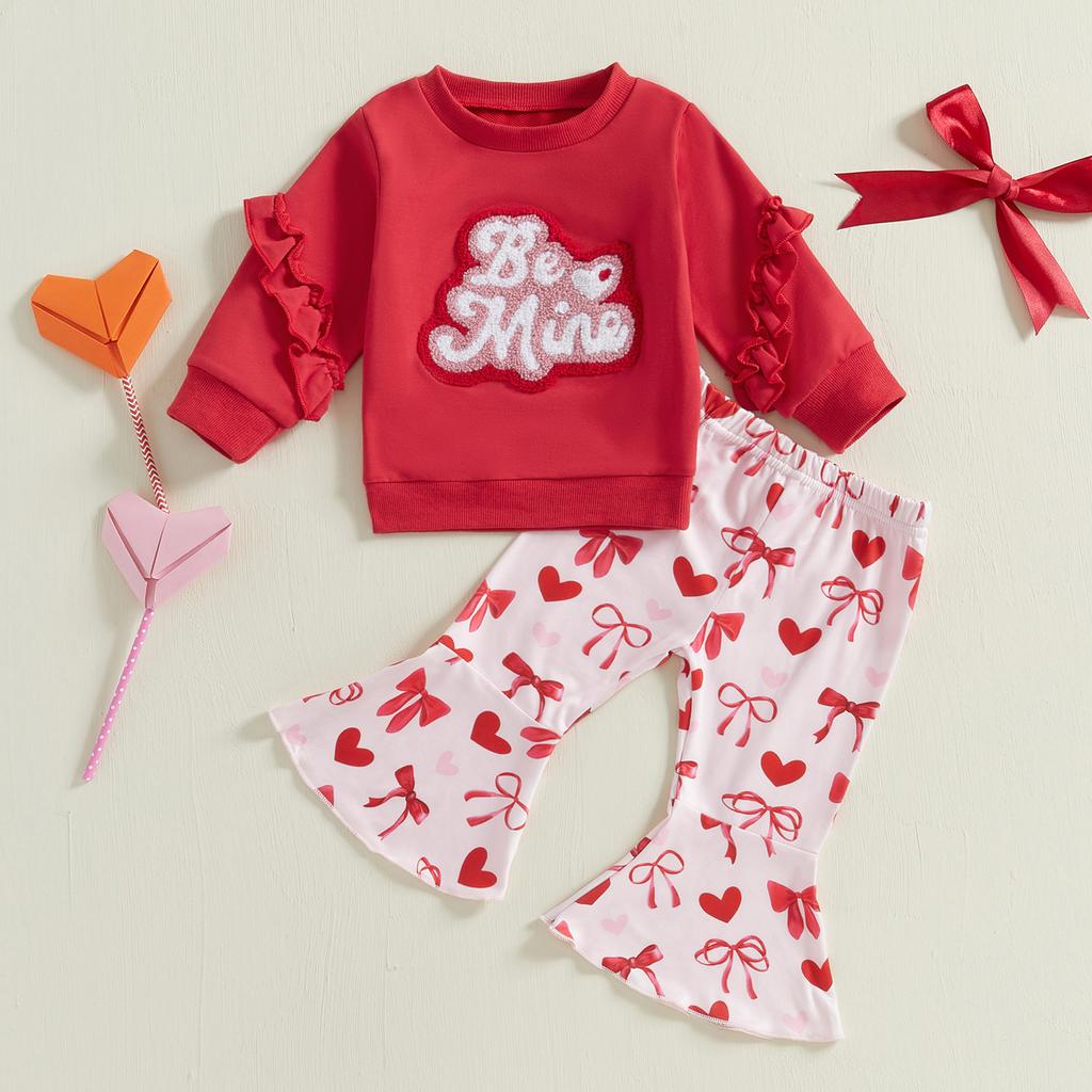 Toddler Girls Valentine's Day Sets Letter Embroidered Ruffled Long Sleeve Sweatshirt Heart Bow Flare Pants 2-Piece Outfits