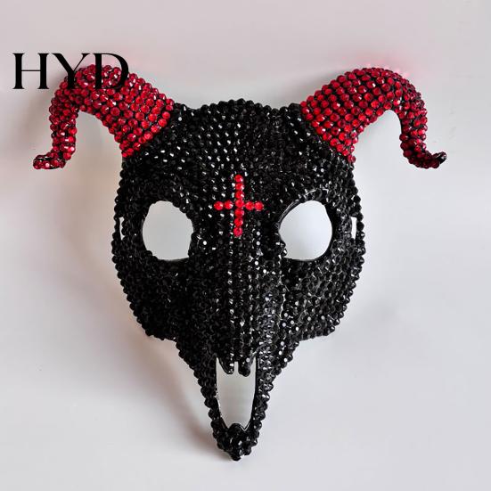 Dark Aesthetic Party Mask Halloween Rhinestone Full Face Mask, Black White Skull Ram Horn Decorative Masquerade Sparkly Crystal Glitter for