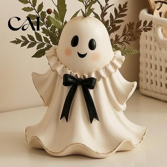 Healing Halloween Decorations Resin Ghost Figurine with Wicker Basket, Cute Tabletop Creative Seasonal Home Decor Decor, Holiday Ornament Organizer