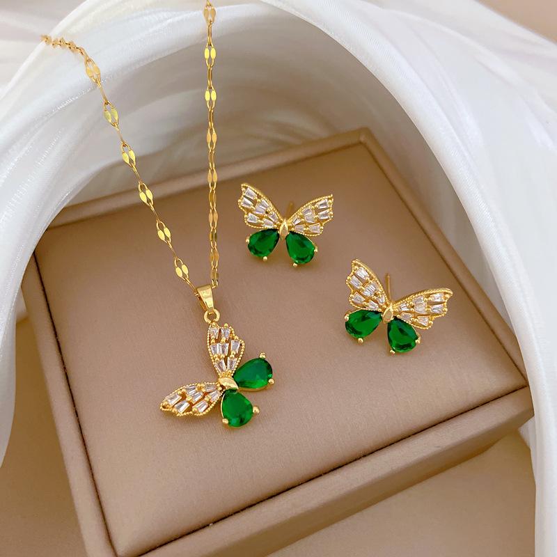 DIEYURO 316L Stainless Steel Steell Multicolour Crystal Hollow Out Butterfly Necklace Earring Set Women New Fashion Jewelry Gift