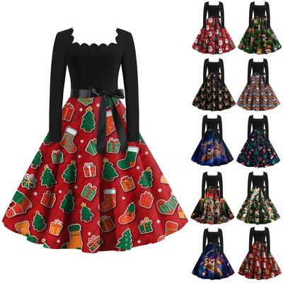 Женское модное ретро вечернее платье с длинным рукавом, квадратным вырезом и рождественским принтом