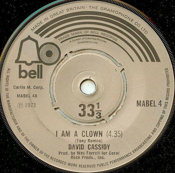 7-дюймовая пластинка DAVID CASSIDY I Am A Clown MABEL4 Bell Records 1973 UK Rock Б/у