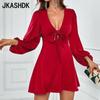 Women's Fashion Autumn Winter Solid Color Print Long Sleeve V-Neck Sexy High Waist Casual Dresses