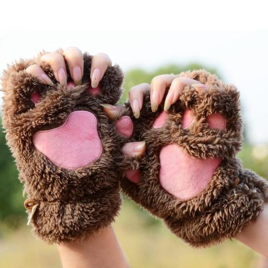 Women Cat Paw Gloves Cute Fuzzy Warm Half Finger Gloves Winter Plush Animal Paw Gloves for Girls Teens Cosplay Costume Parties Daily Wear
