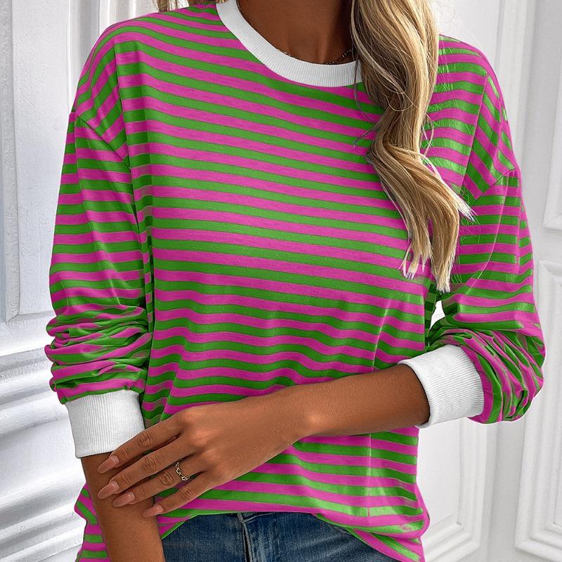 Striped T-Shirts Women’s Loose Long Sleeve Pullover Round Neck T-shirt Top