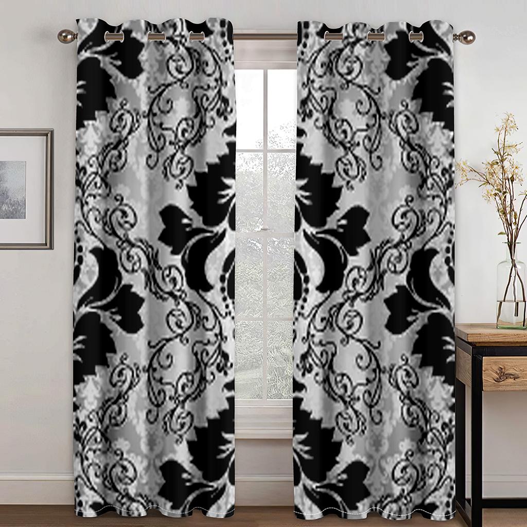 High-quality Luxury Brand Black Pattern 3D Printed Thick Shading Curtain Bedroom Living Room Hotel Window 2 Pieces Free Hooks