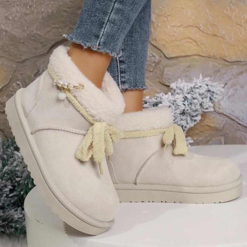 Luxury Lace Up Pearl Decoration Snow Boots Women 2025 Soft Faux Fur Ankle Boots Woman Solid Color Platform Warm Botas Mujer