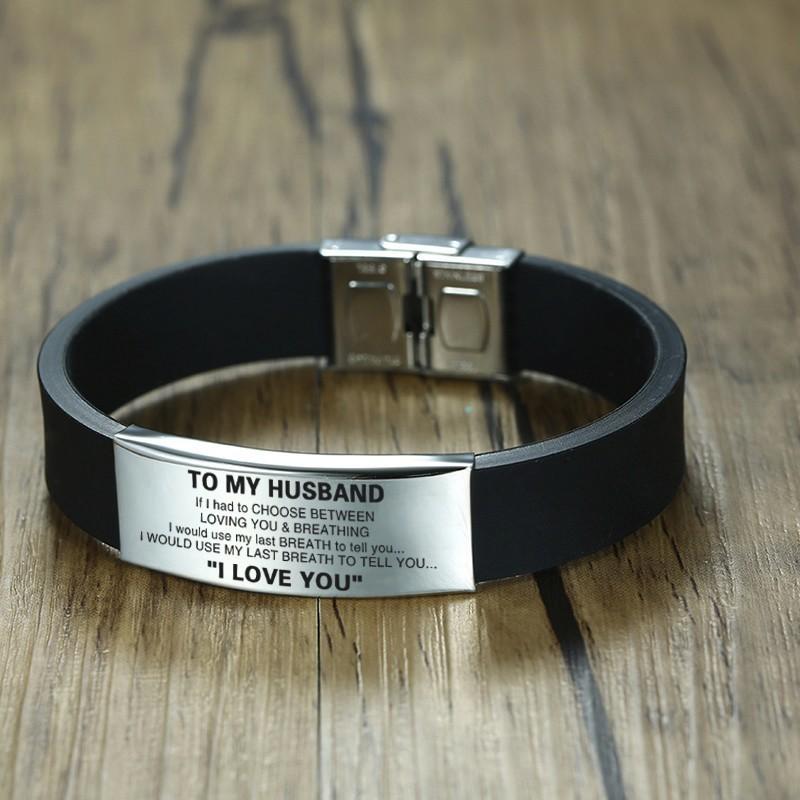 Vnox Custom TO HUSBAND Bracelets for Men Black Silicone Wrist Band with Stainless Steel Tag Valentine's Day Gift for Him