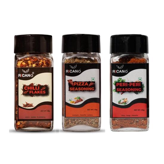 Ricano Chilli Flakes 35g, Pizza Mix 45g & Peri Peri 50g Combo (Pack of 3) | Hot & Spicy | Herb Seasoning | Piri Piri Spice Mix
