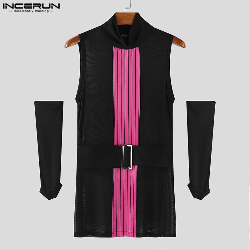 INCERUN Мужские майки без рукавов в полоску с сетчатыми вставками, прозрачные, облегающие, с накидными рукавами