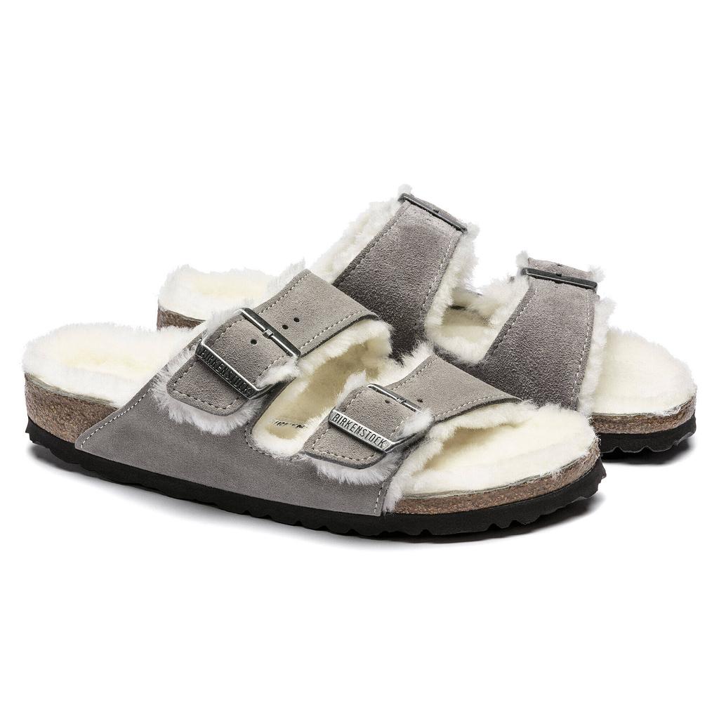 Женские/мужские утепленные шлепанцы Birkenstock Arizona Shearling Stone Coin замша с овечьей шерстью narrow узкие (1017403)