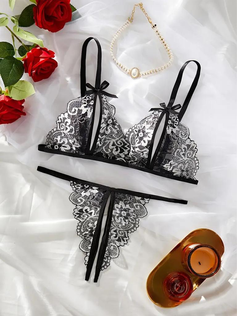 Кружевное цветочное сексуальное нижнее белье с бантом, комплекты интимного белья с открытой чашкой и стрингами, без ластовицы, озорной порно секс-наряд, женское нижнее белье