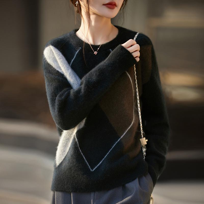 Women's Pure Wool Long Sleeve Jacquard Pullover - Autumn/Winter Round Neck Base Layer