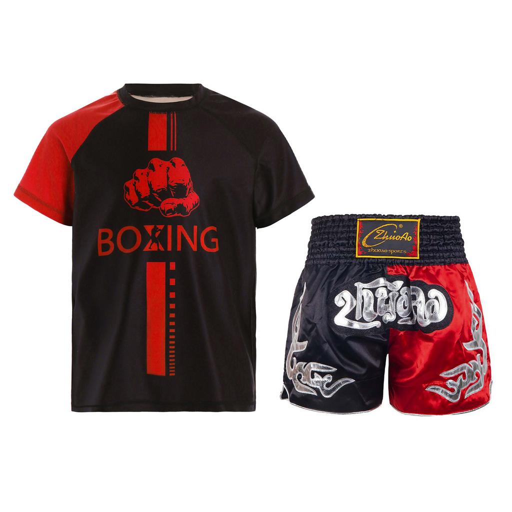 Boys Boxer Training Set Color Block Patchwork T Shirt Round Neck Short Sleeve Athletic Top Boxing Shorts
