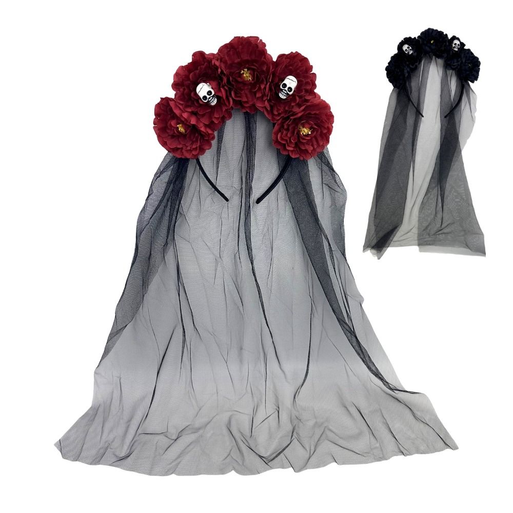 Girls Day of The Dead Flowers Headdress Long Ribbon Veil Gothic Head Hoop  Party Cosplay