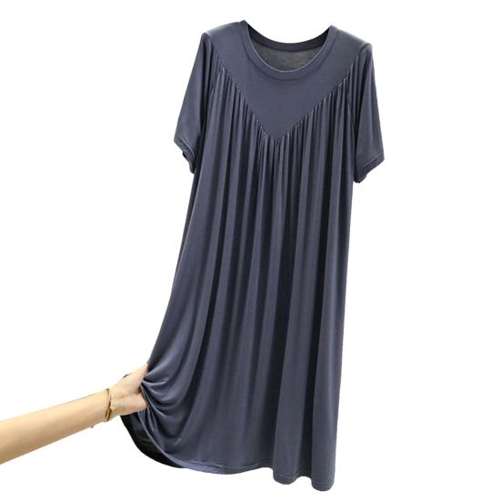 Женское летнее платье, плиссированное сплошное цветное платье с круглым вырезом и короткими рукавами, тонкий свободный пуловер длиной до колена, повседневная повседневная одежда, женское платье миди