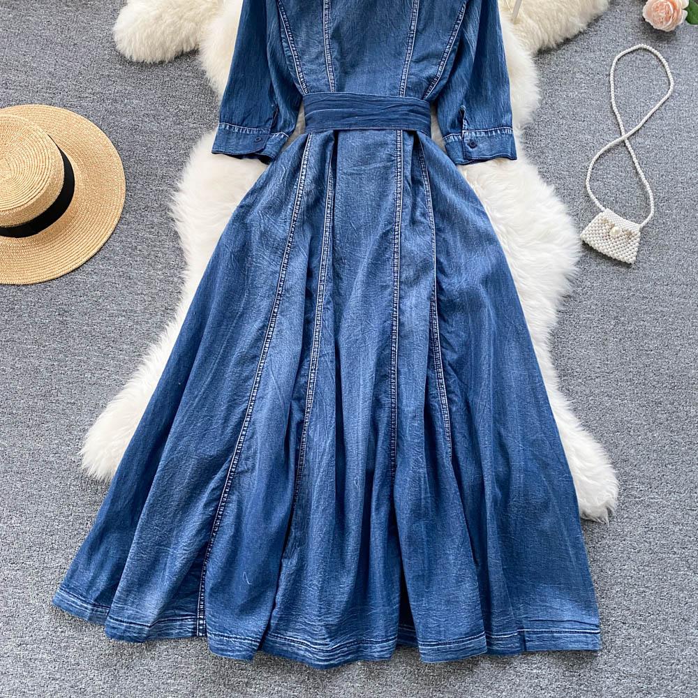 RUGOD Платье с французской талией и кружевной строчкой, джинсовое платье-рубашка на пуговицах с рукавами три четверти, чувство маленького темперамента