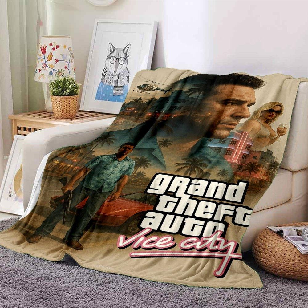 1 шт. Мягкое фланелевое одеяло Grand Theft Auto с дизайнерским принтом. Уютное одеяло для всех сезонов, идеально подходит для дивана, кровати, офиса