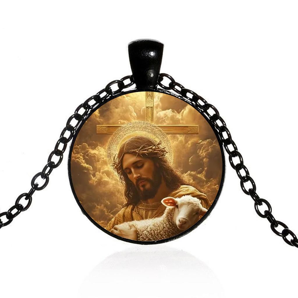 Jesus Holding A Lamb Necklace Pendant, Christian Jesus Glass Pendant Necklace Accessory