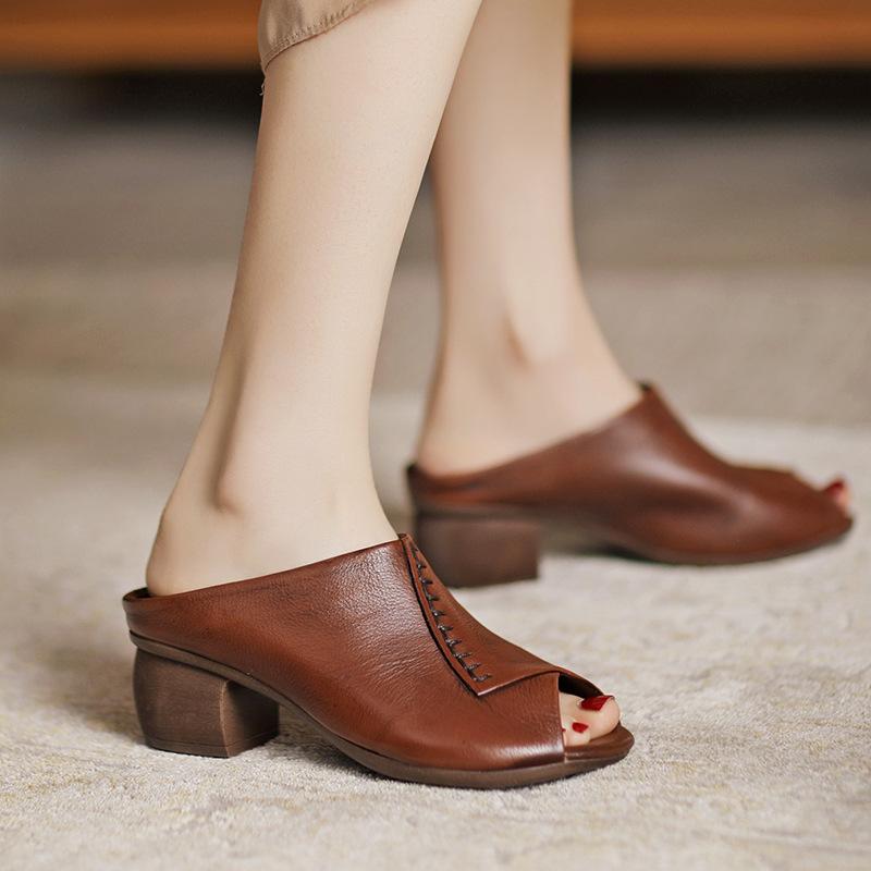 Кожаные мягкие верхние тапочки на среднем каблуке на толстом каблуке, удобные универсальные женские сандалии с рыбьим ротом, женская обувь для мам