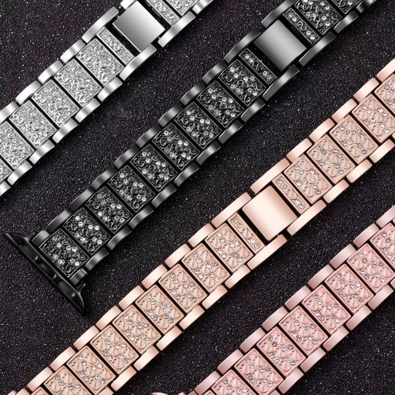 Совместимо с Apple Watch 9/8/7: Роскошный женский металлический ремешок с тремя звеньями, полностью инкрустированный бриллиантами