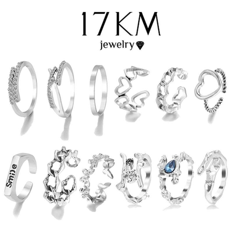 Kpop Silver Color Rings Set Y2K Crystal Heart Rings for Women Hollow Trendy Fashion Jewerly Rings Accessories