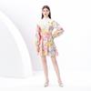 Spring Summer Women Lantern Sleeve Single Breasted Print Chic Mini Short Dresses With Belt