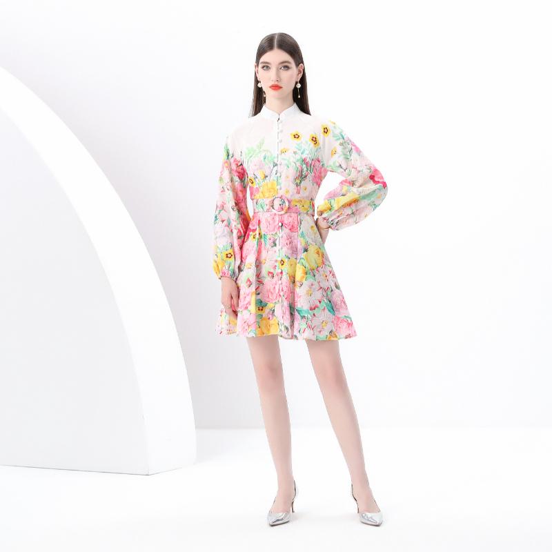 Spring Summer Women Lantern Sleeve Single Breasted Print Chic Mini Short Dresses With Belt