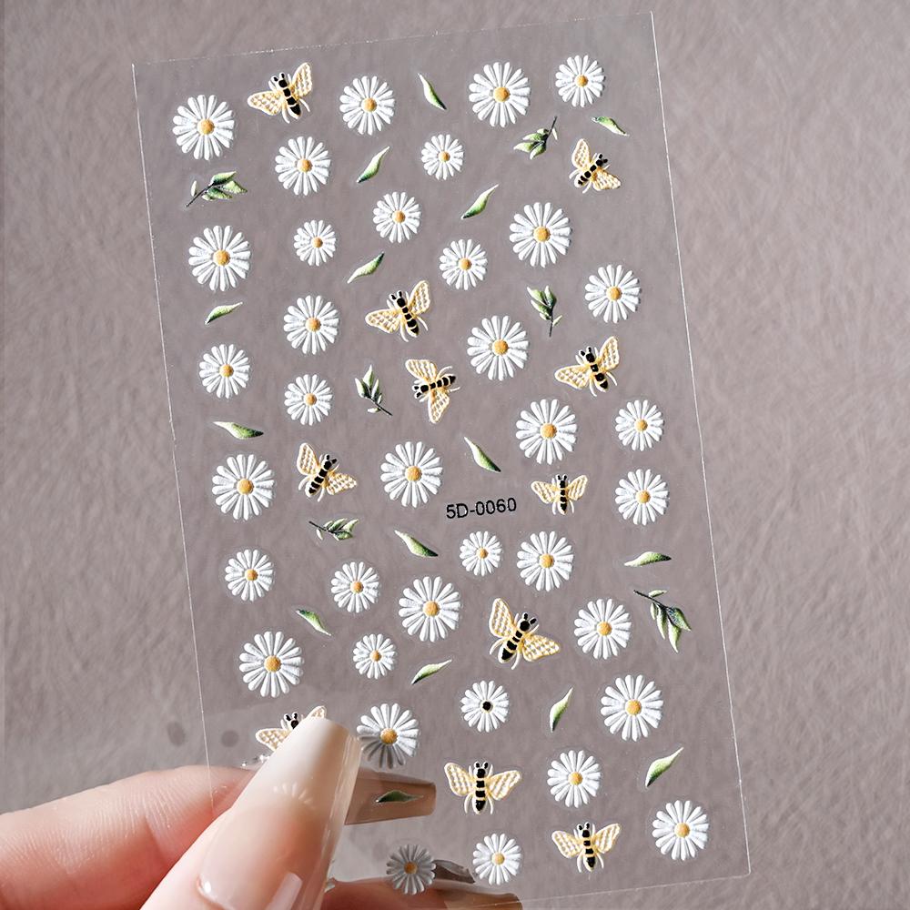 1pc 5D Bee Butterfly Flower Embossed Nail Sticker Self-Adhesive Acrylic Sunflower Engrave Decal Manicure Slider Decoration6x10cm